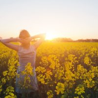 Woman enjoying summer and nature in yellow flower field at sunset harmony and healthy lifestyle