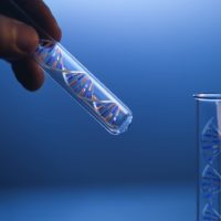 DNA molecule in glass tube in hand of scientist on blue (3d render dna molecular)