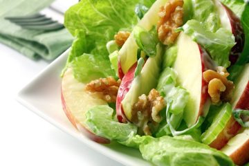 Waldorf salad with kos lettuce, crisp apple, celery, walnuts, spring onions, and a creamy dressing