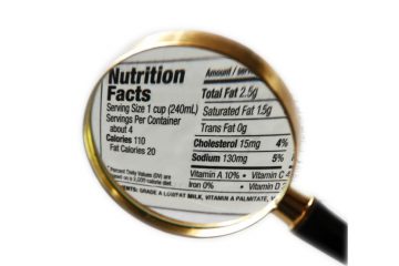 Magnifying glass over nutrition facts and carbohydrate values