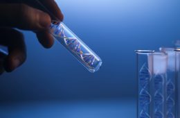 DNA molecule in glass tube in hand of scientist on blue (3d render dna molecular)