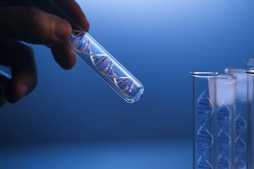 DNA molecule in glass tube in hand of scientist on blue (3d render dna molecular)