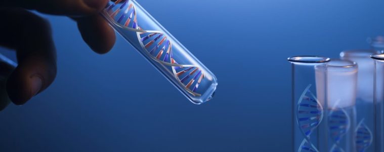 DNA molecule in glass tube in hand of scientist on blue (3d render dna molecular)