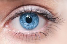Extreme closeup of blue human eyeball showing the macula