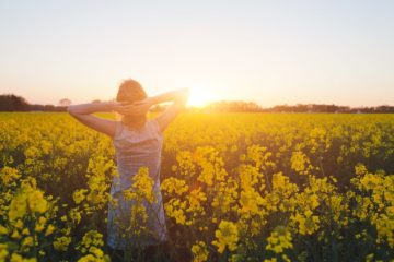 Woman enjoying summer and nature in yellow flower field at sunset harmony and healthy lifestyle
