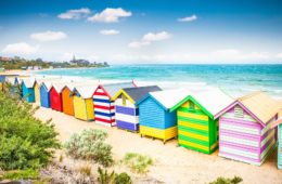 Beautiful Bathing houses on white sandy beach at Brighton beach in Melbourne